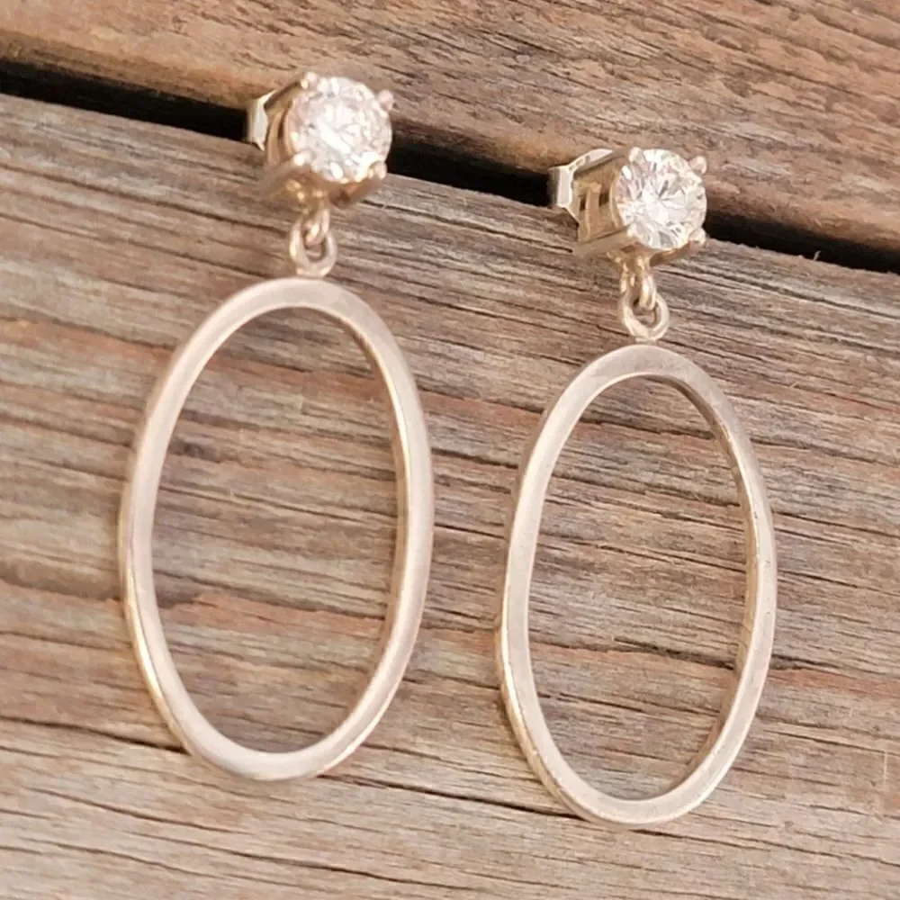 Sterling Silver CZ Post Oval Hoop Drop Earrings